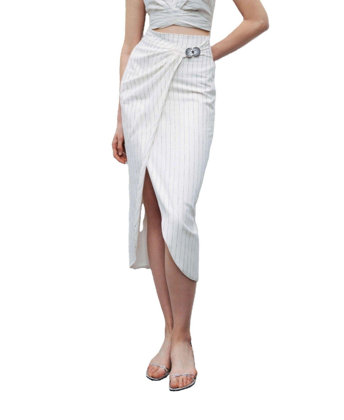Women's Striped Linen Blend Midi Skirt with Metal Accessories - Open white