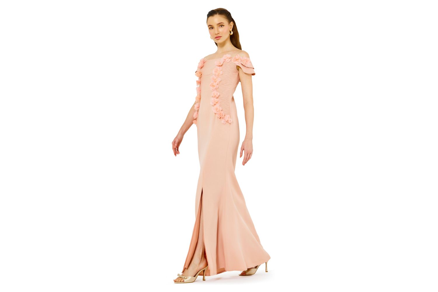 Women's Lace Cutout Floral Embellished Off-The-Shoulder Crepe Gown