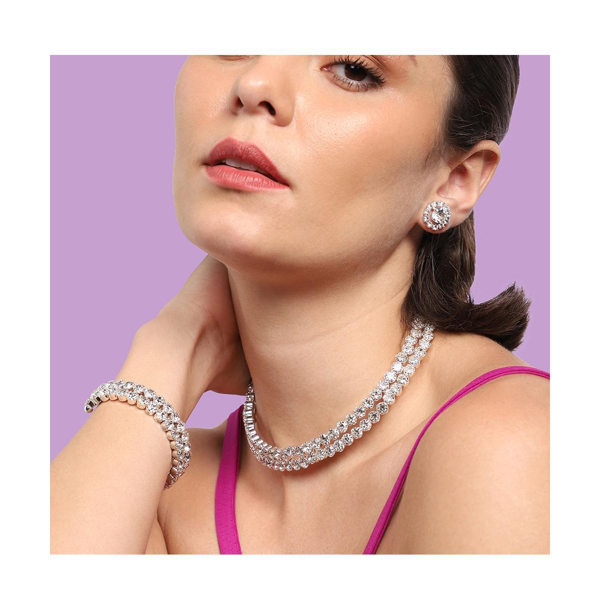 Sohi Women's Silver Embellished Strand Necklace, Earrings And Bracelet (set Of 3) In Silver