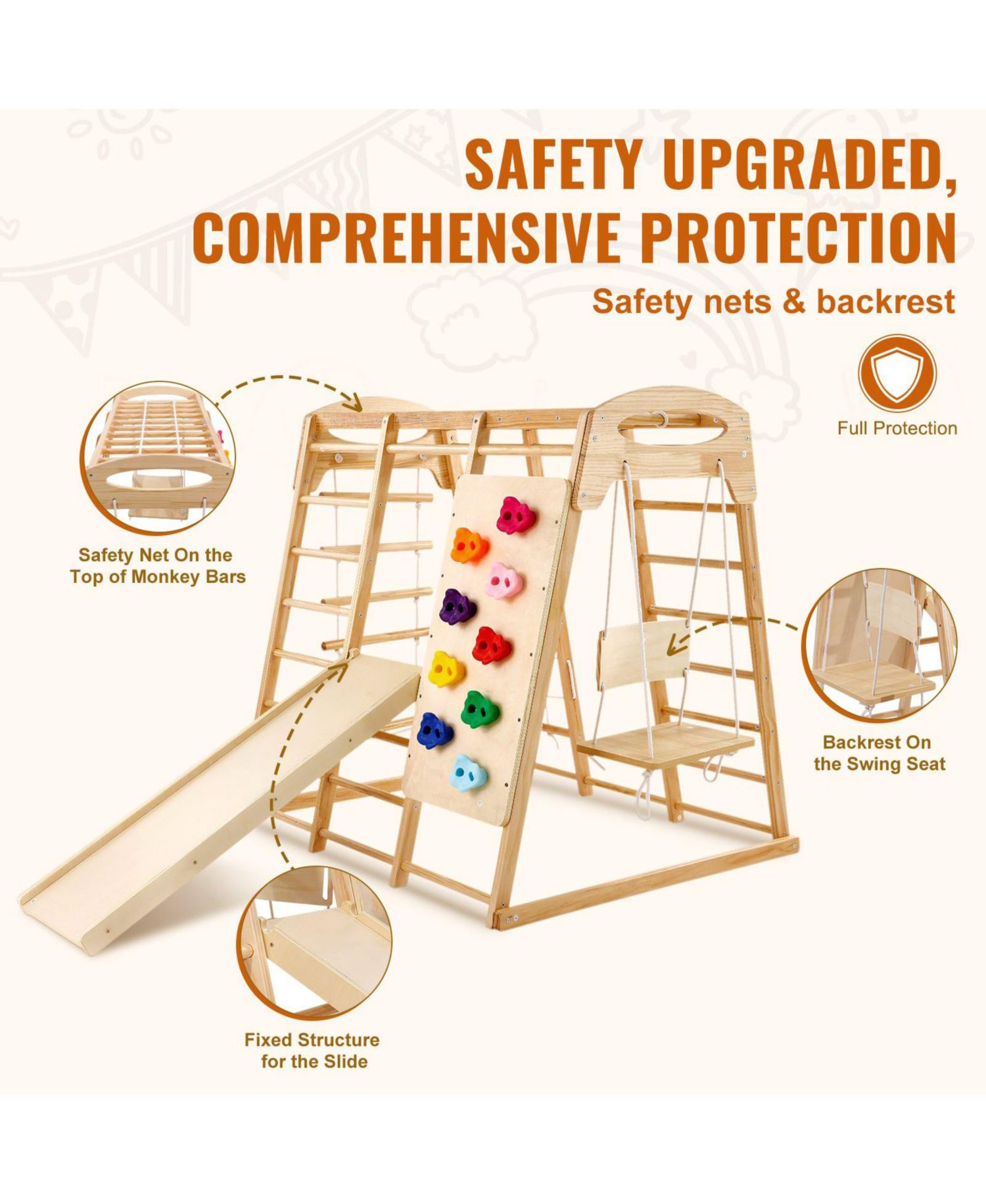 Toddler Indoor Playground 7-in-1, Wooden Climber with Rope Ladder, Slide & Swing