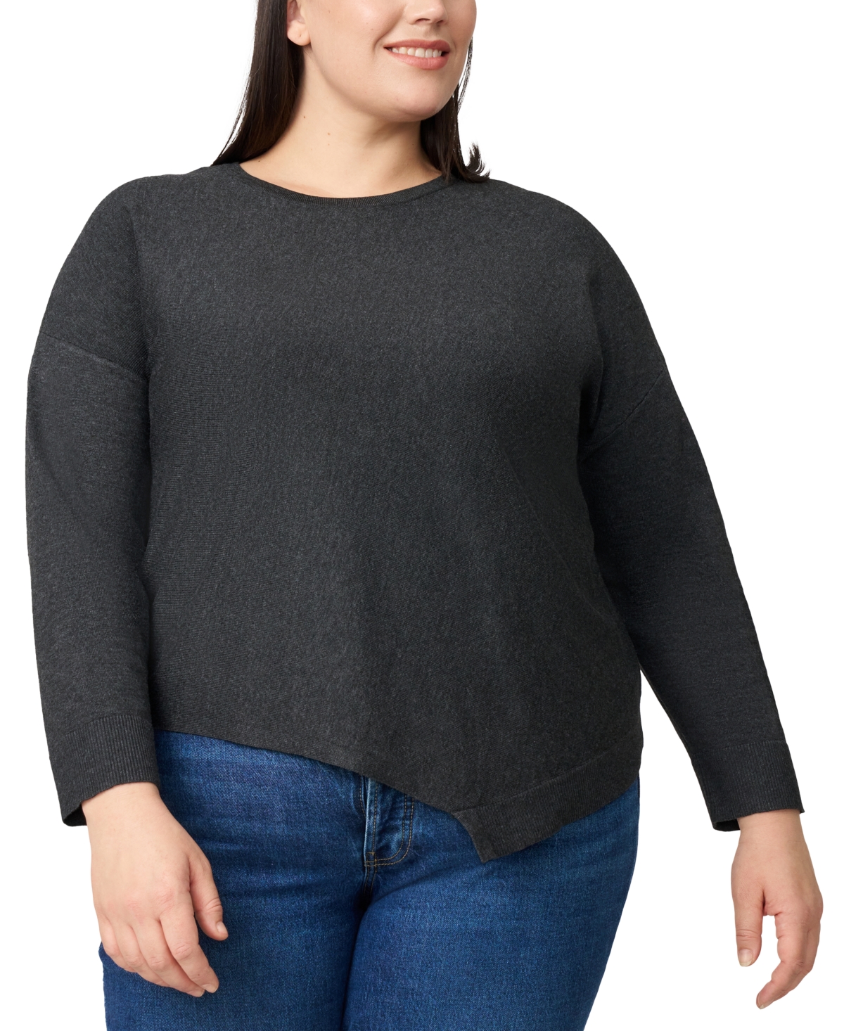 Plus Size Asymmetric-Hem Tunic Sweater - Charcoal Grey