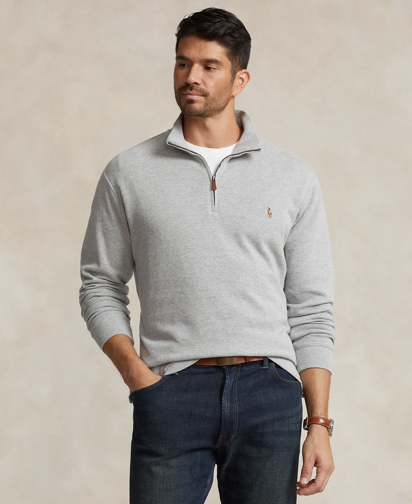 Мужской свитер Polo Ralph Lauren Big & Tall Estate-Rib Quarter-Zip Pullover, цвет: Меланжевый — фото 1