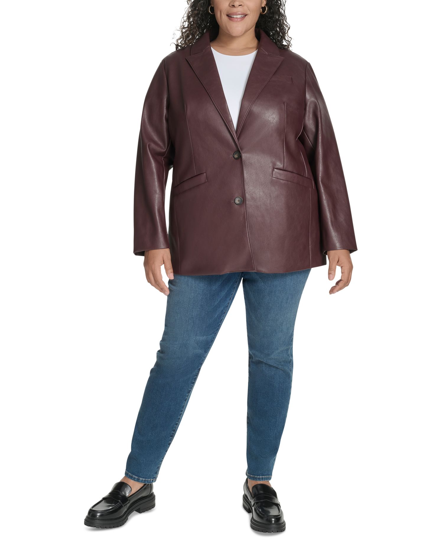 Plus Size Faux-Leather Peak-Lapel Blazer
