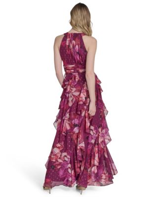 Petite Printed Chiffon Ruffled-Skirt Halter Gown