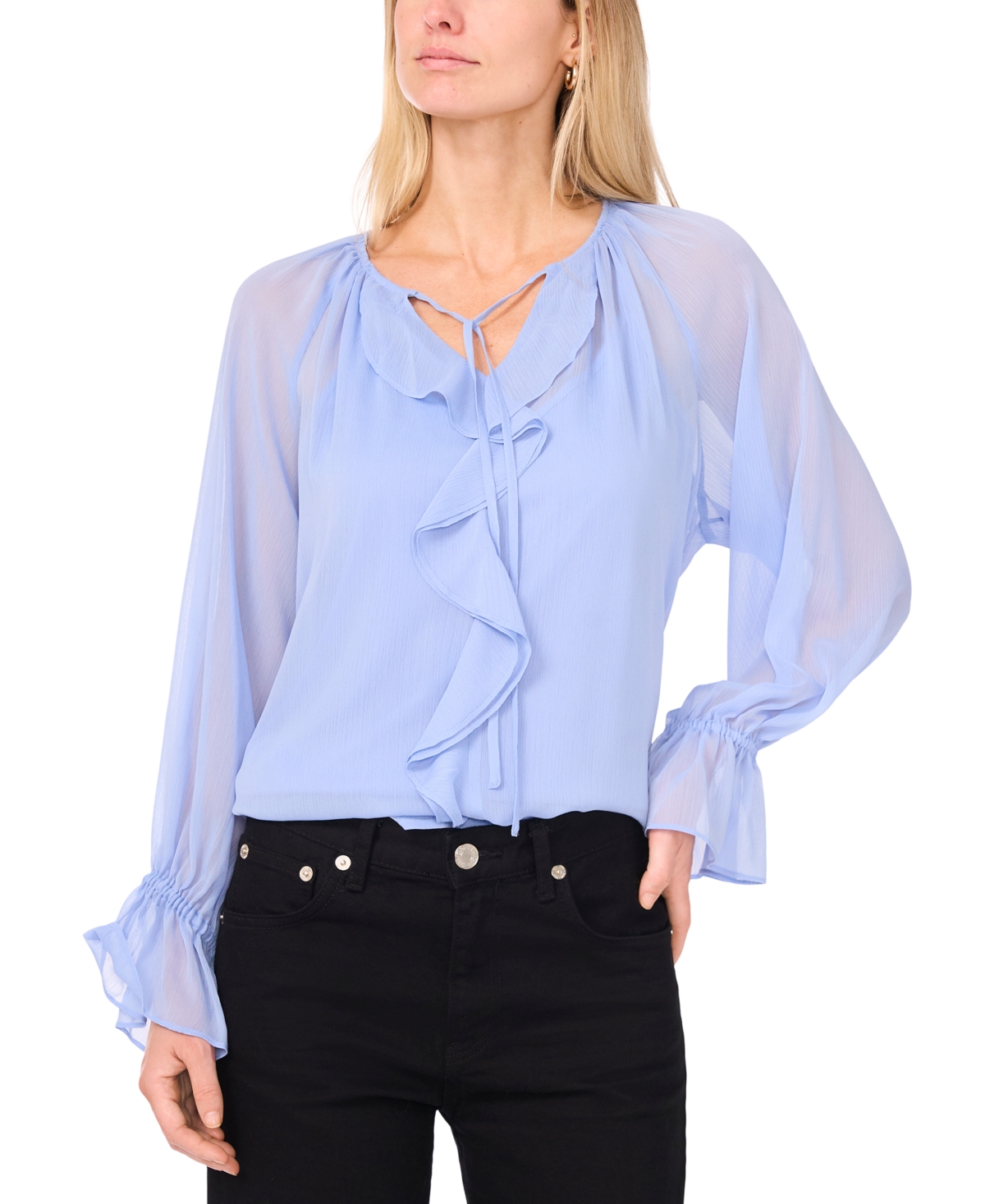 Women's Ruffle-Front Long-Sleeve Blouse - French Blue