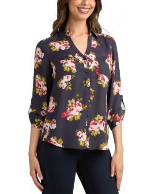 Juniors' 3/4-Sleeve Printed Button-Front Blouse 