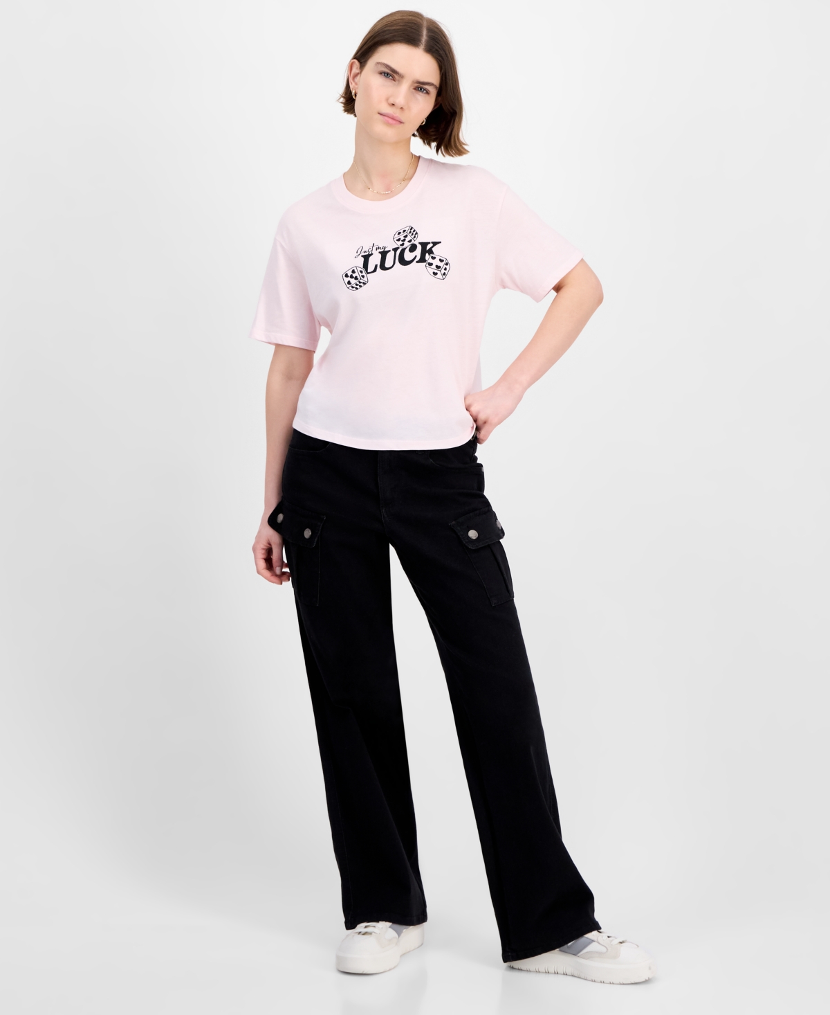 Rebellious One Juniors' Cropped Embroidered Luck T-shirt In Pink