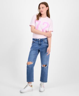 Vanilla Star - Juniors' Cropped Straight Destructed Mid-Rise Jeans