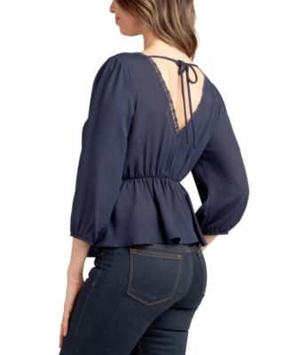 Juniors' 3/4-Sleeve Pleated V-Neck 3/4-Sleeve Top