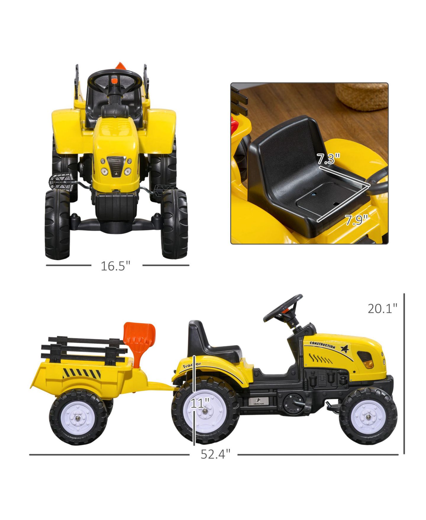 Детская игрушка Aosom Ride on Pull Tractor with Back Trailer, Metal, Shovel & Rake, 77-Lb. Capacity, Ages 3-4 — фото 3