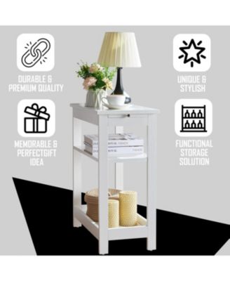 Slim Wood Side End Table with Storage Shelves & Pull-Out Tray, Nightstand for Bedroom, Living Room