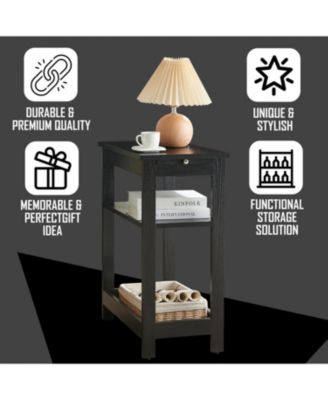 Slim Wood Side End Table with Storage Shelves & Pull-Out Tray, Nightstand for Bedroom, Living Room