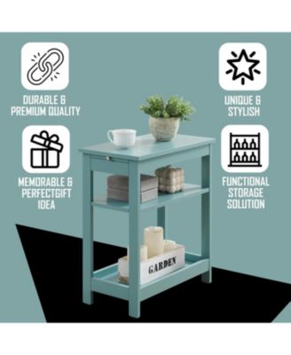 Slim Wood Side End Table with Storage Shelves & Pull-Out Tray, Nightstand for Bedroom, Living Room