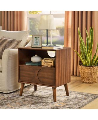 Small Cabinet with USB Charging Ports & Outlet Hole & 4 Solid Wood Legs