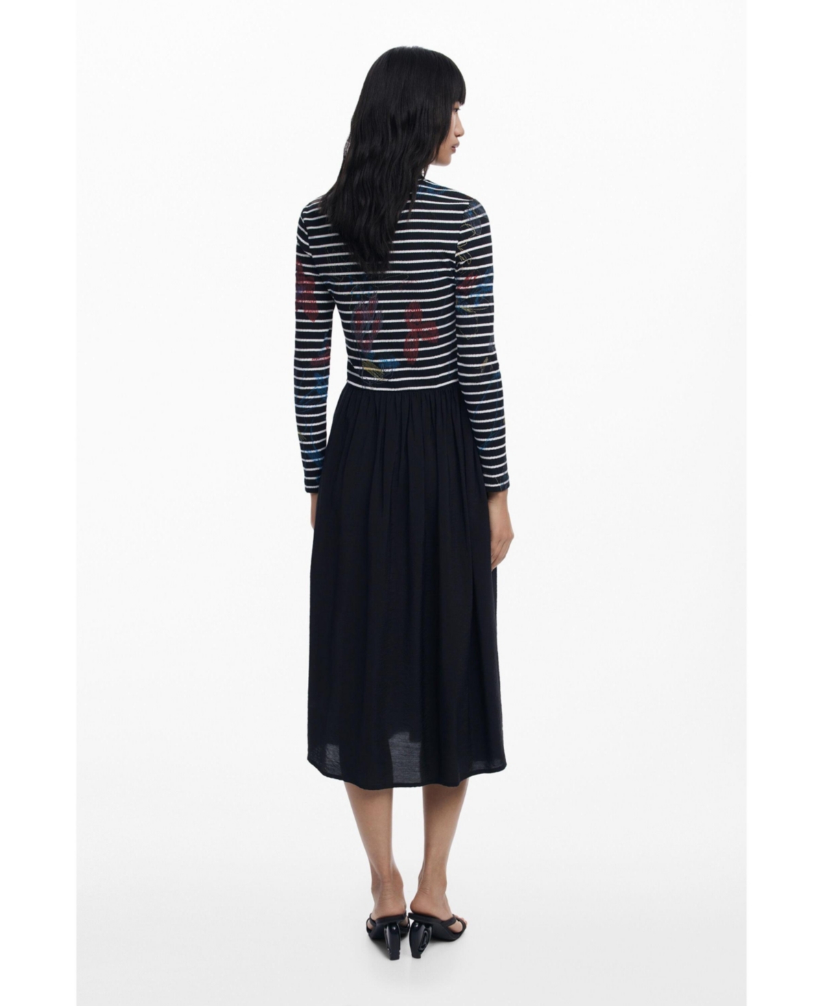 Desigual Long Sleeve Mixed Media Midi Dress In Black