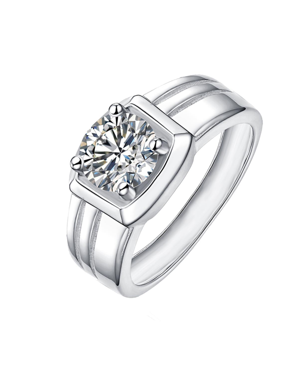 Men's Clear Cubic Zirconia with Four-Prong Setting Grooved Adjustable Band Ring - Gold