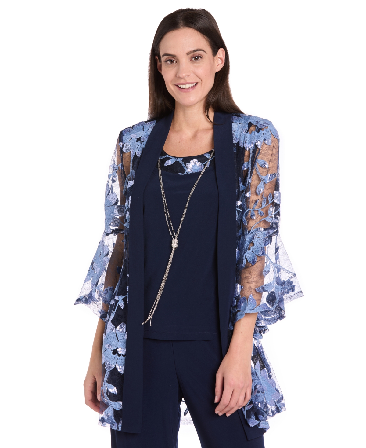 R & M Richards Petite Floral Jacket, Tank Top & Pants Set In Blue