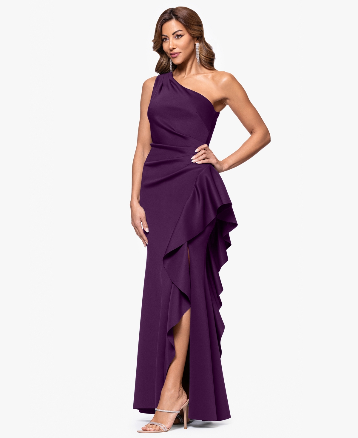 Xscape Petite Gathered-waist One-shoulder Evening Gown In Purple