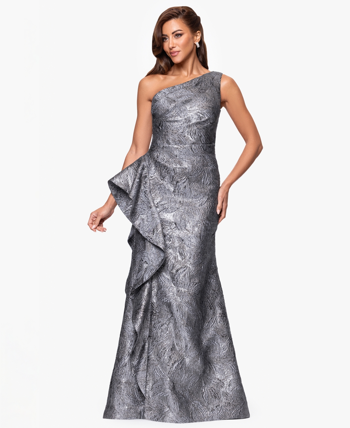 Petite One-Shoulder Ruffled Jacquard Gown - Gunmetal