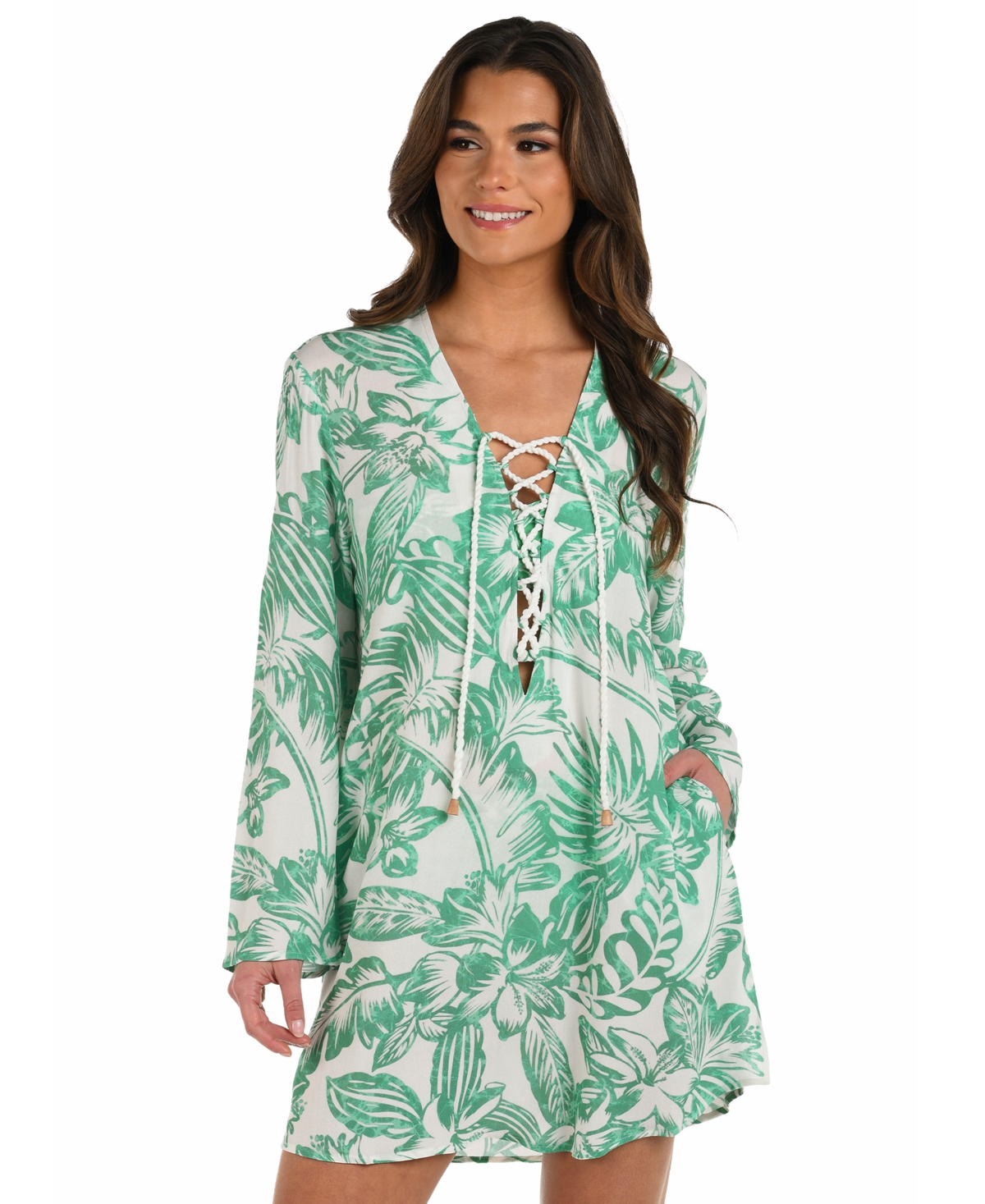 La Blanca Women's Batiki Lace-front Tunic Cover-up Dress In Green