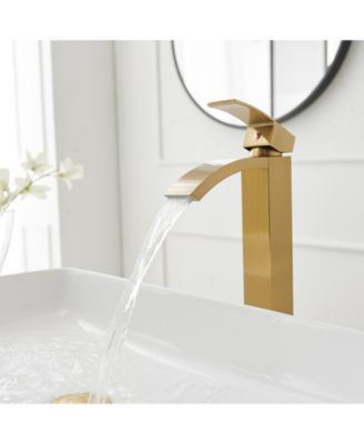 Waterfall Single Hole Single Handle Bathroom Vessel Sink Faucet With Pop Up Drain Without Overflow In Matte Black & Gold