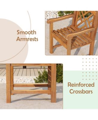 Teak Wood Patio Dining Chair Outdoor Armchair w/ Slatted Seat & Solid Legs