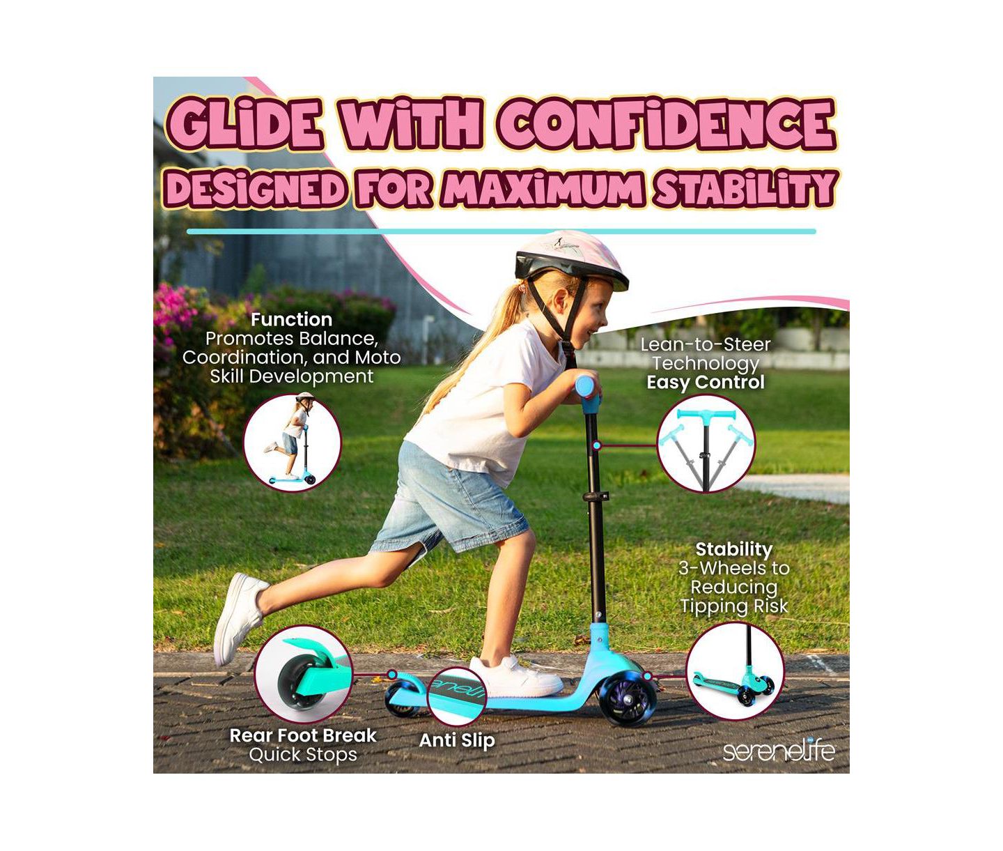 Детская игрушка SereneLife 3-Wheel Foldable Scooter with LED Wheel Lights, Kids Scooter, Ages 3+, цвет: Синий — фото 3