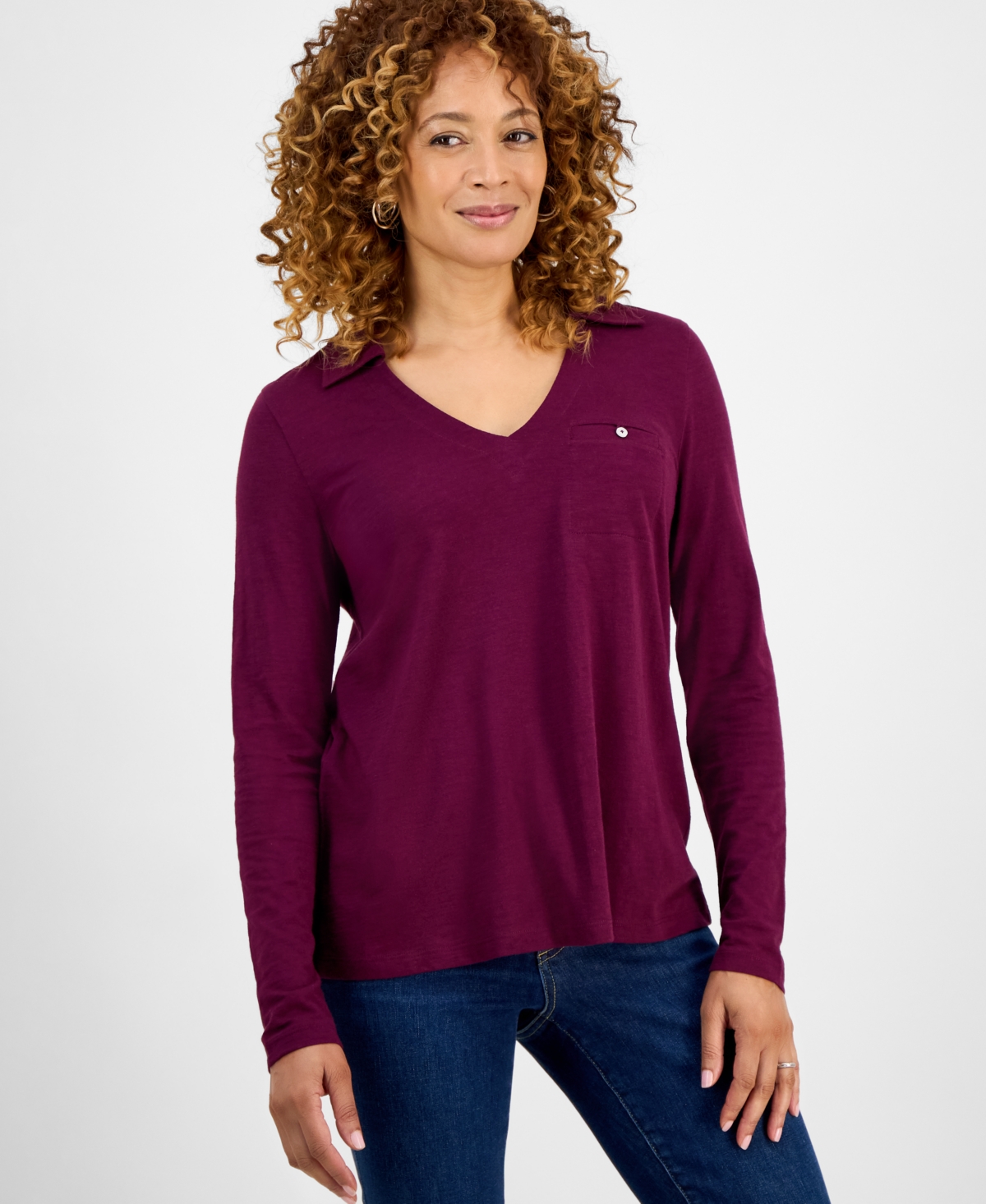 Women's Collared V-Neck Long-Sleeve Knit Top, Exclusively at Macy's - Berried Treasure