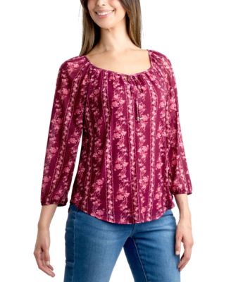 Juniors' 3/4-Sleeve Printed Mesh Peasant Top