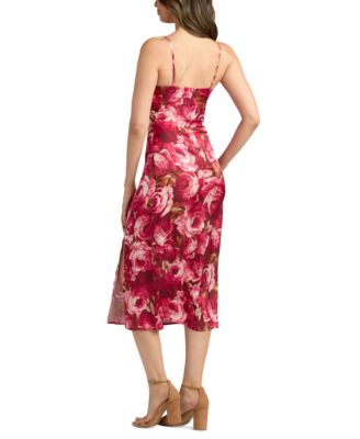 Juniors' Printed Stretch Satin Slip Midi Dress