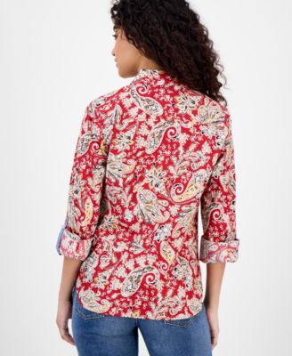 Women's Cotton Paisley-Print Roll-Tab Shirt