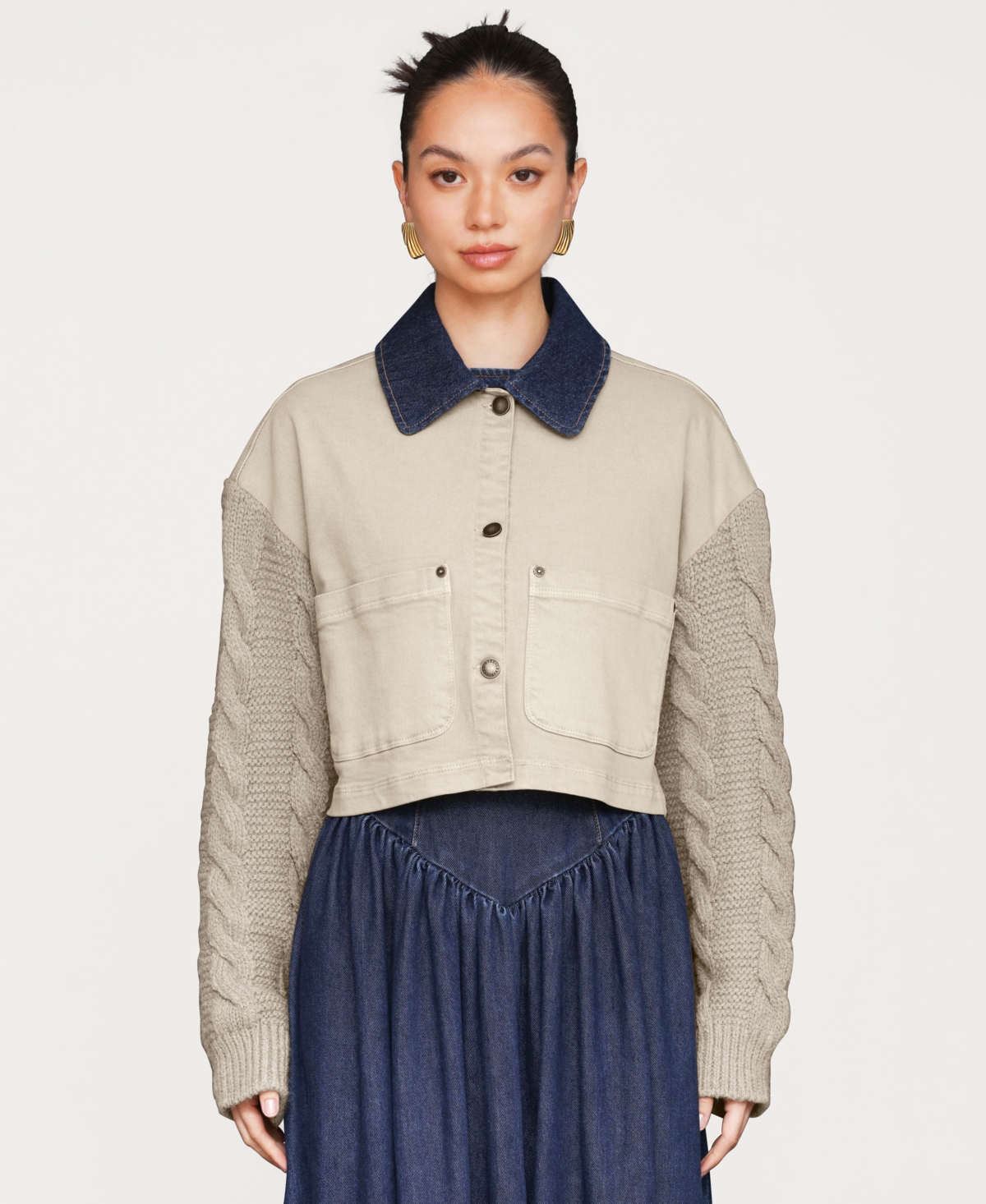 Women's Sweater-Sleeve Rinse Wash Denim Chore Jacket - Washed Tan