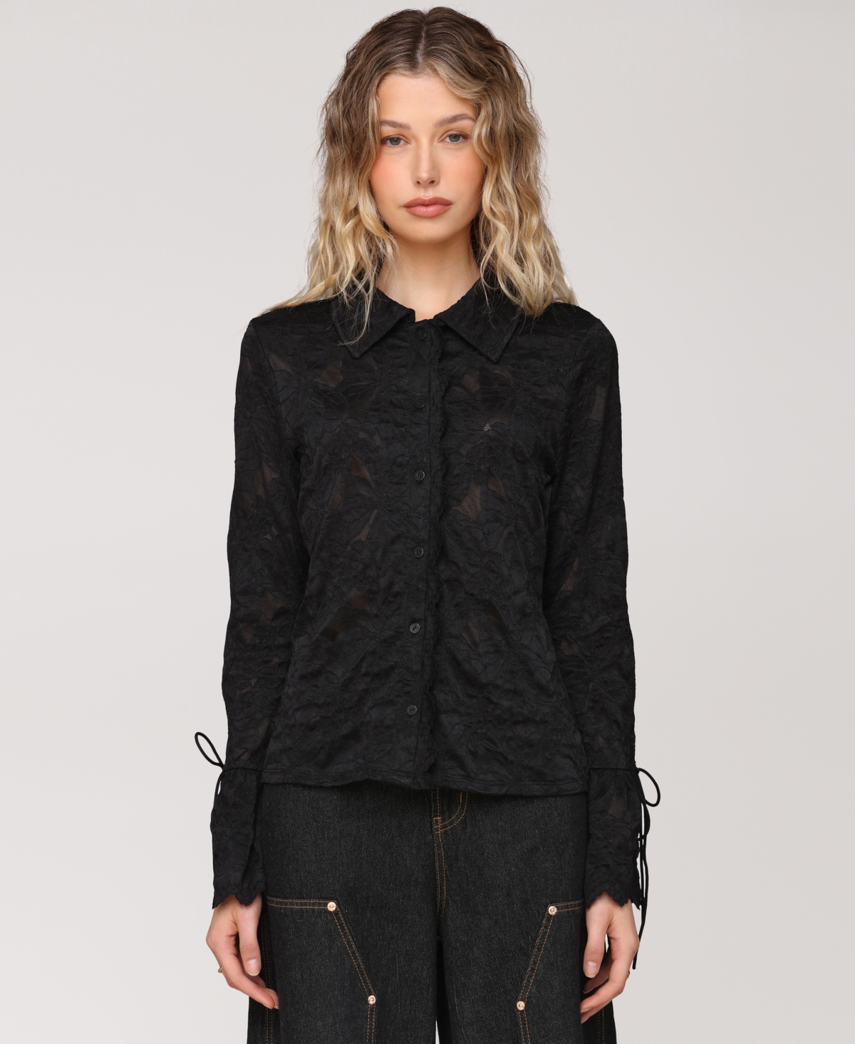 Women's Button-Front Flared-Sleeve Lace Shirt - Black