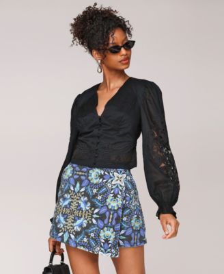 Women's Cotton Pintuck Lace-Trim Button-Front Blouse