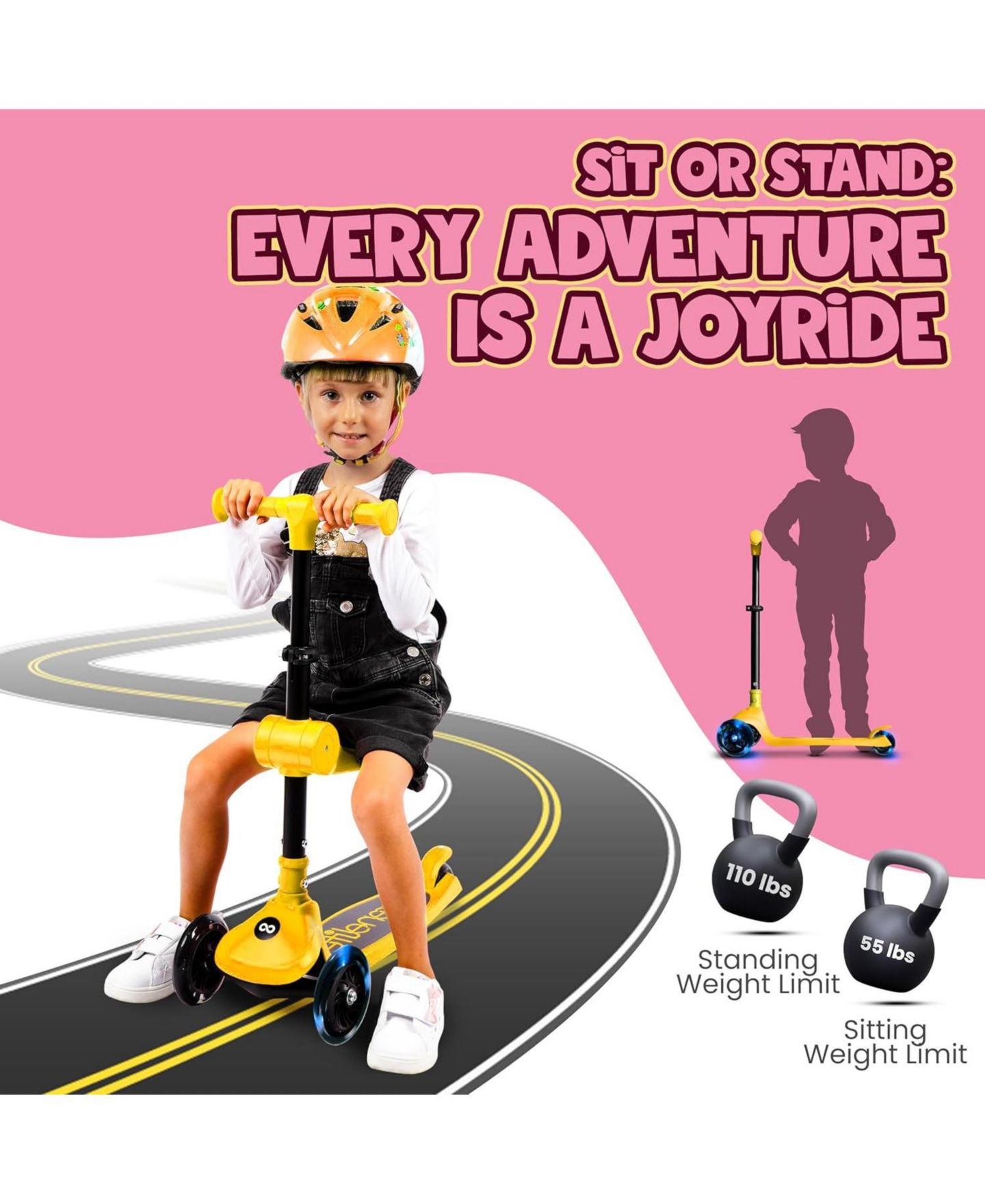 Детская игрушка SereneLife 3-Wheel Foldable Kids Scooter with Built-in LED Wheel Lights and Foldable Seat, 110 lb Weight Capacity, Ages 2+, цвет: Жёлтый — фото 2