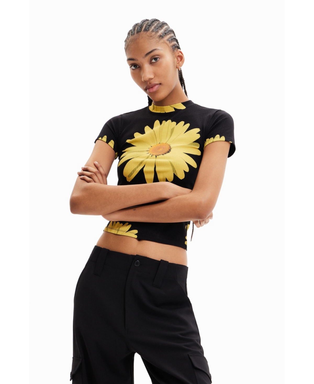 Women's Ribbed daisy T-shirt - Black