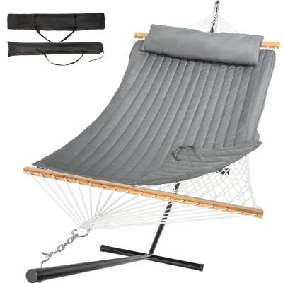 Double Hammock with Stand, 2 Person Cotton Rope Hammock with Removable Polyester Pad, 500LBS Capacity.
