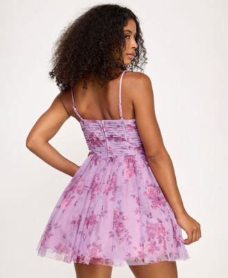 Juniors' Printed Glitter Tulle Fit & Flare Dress