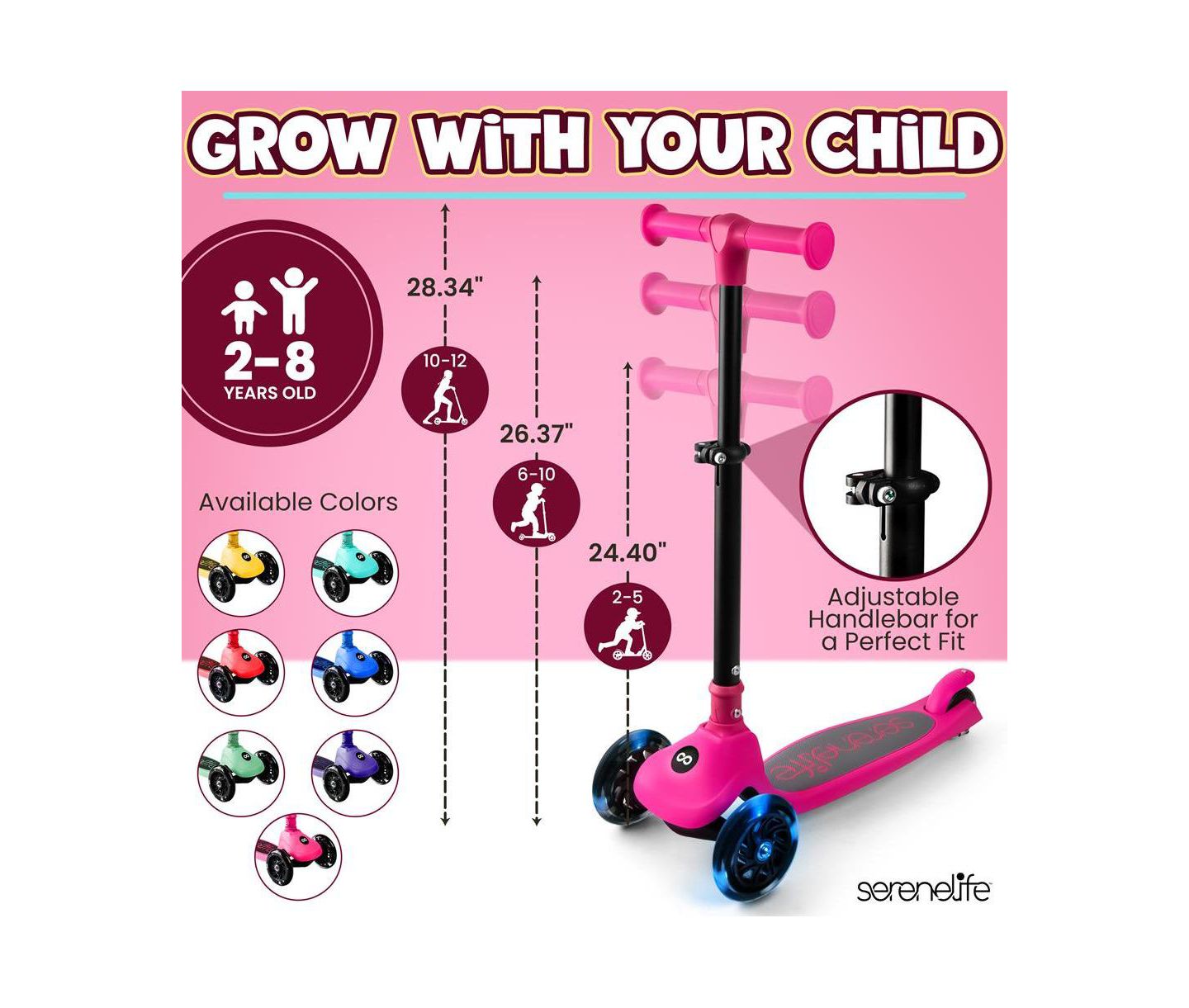 Детская игрушка SereneLife 3-Wheel Foldable Kids Scooter with LED Wheel Lights, Ages 2+, цвет: Розовый — фото 3