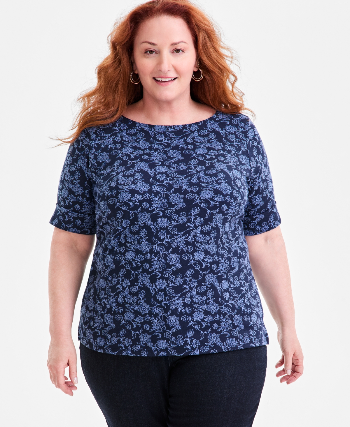 Plus Size Printed Elbow-Sleeve Knit Top, Macy's Exclusive - Industrial Blue