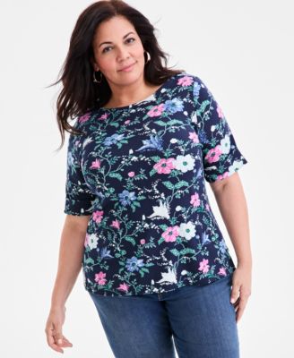Style & Co - Plus Size Floral Elbow-Sleeve Knit Top