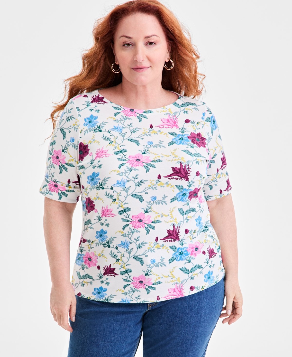 Plus Size Printed Elbow-Sleeve Knit Top, Macy's Exclusive - Industrial Blue Combo