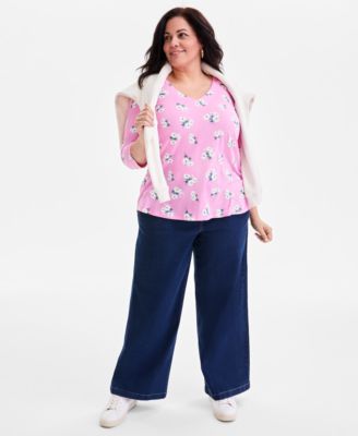 Plus Size Printed V-Neck 3/4-Sleeve Top, Macy's Exclusive