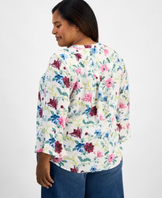 Plus Size Printed Pintucked Top, Macy's Exclusive 