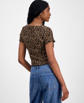 Juniors' All Over Print Smocked Short-Sleeve Top