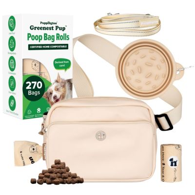 Walk Star Kit: 3-in-1 Dog Walk Bag, Bowl, & Leash plus Matching 270 Refill Dog Poop Bags