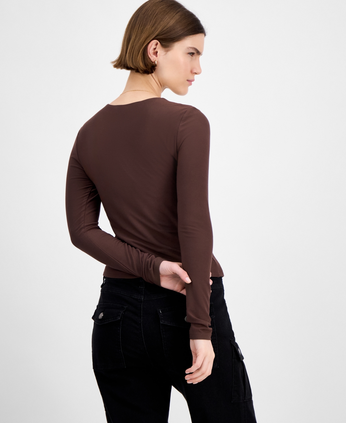 Hippie Rose Juniors' Crewneck Long-sleeve Top In Brown