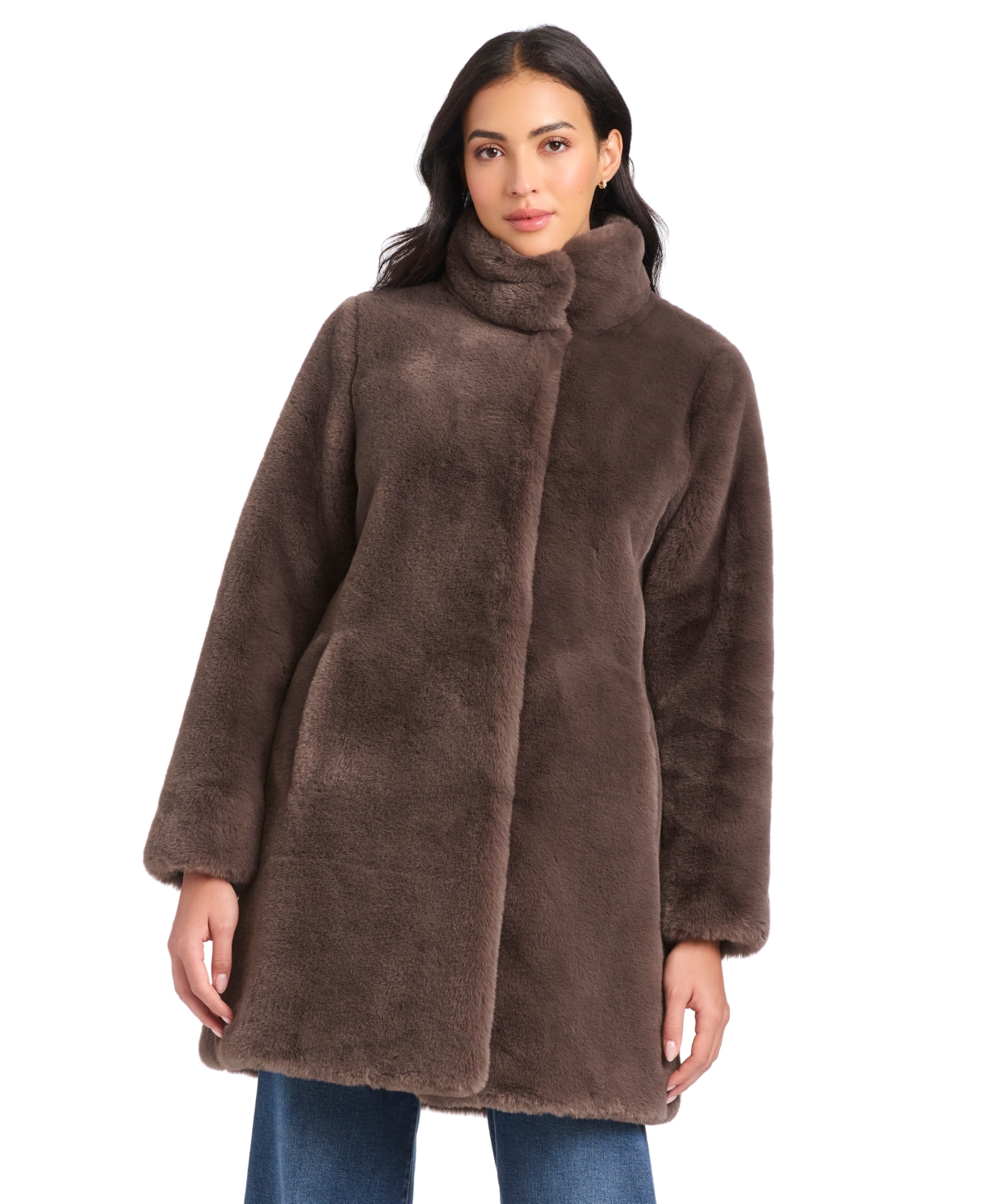 Jones New York Women's Collared Faux-fur Coat In Brown