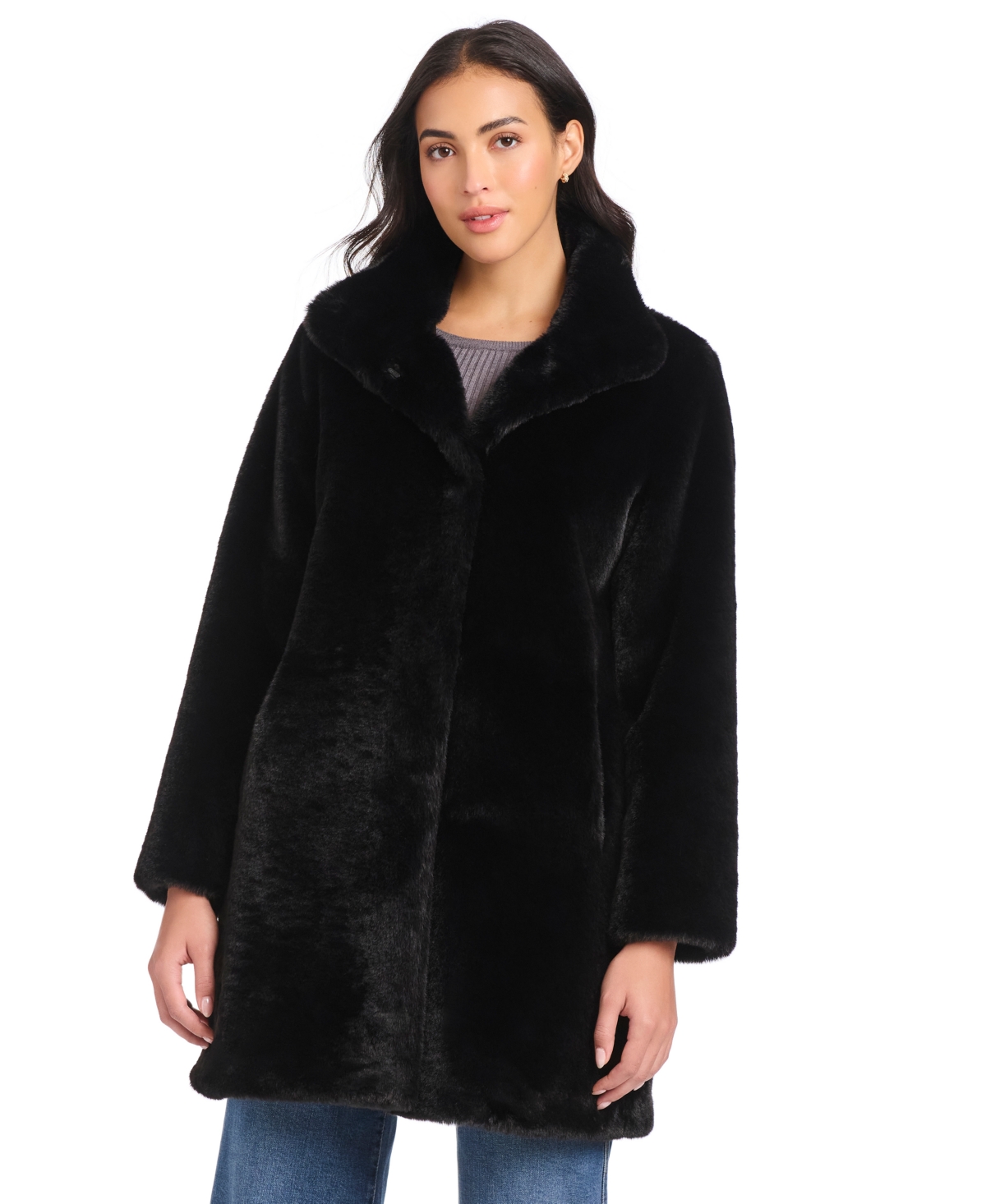 Jones New York Plus Size Stand-collar Faux-fur Coat In Black