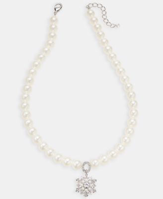 Holiday Lane - Silver-Tone Imitation Pearl Snowflake Pendant Necklace, 17-1/2" + 2" extender